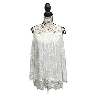 RAIN ivory Lace Crochet Overlay Good Should Tunic Blouse L Beach Boho Sheer
